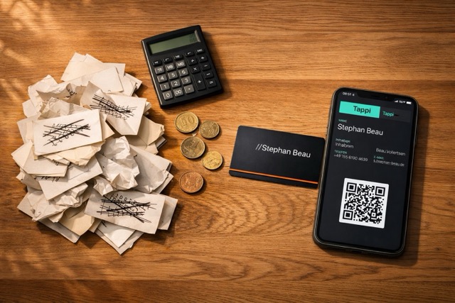 Zerknitterte Papierkarten neben einem Smartphone mit digitalem Profil – Kostenvergleich Papier vs. digitale Visitenkarte